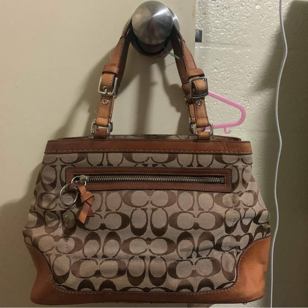 Coach Tan and Brown Signature Shoulder Bag